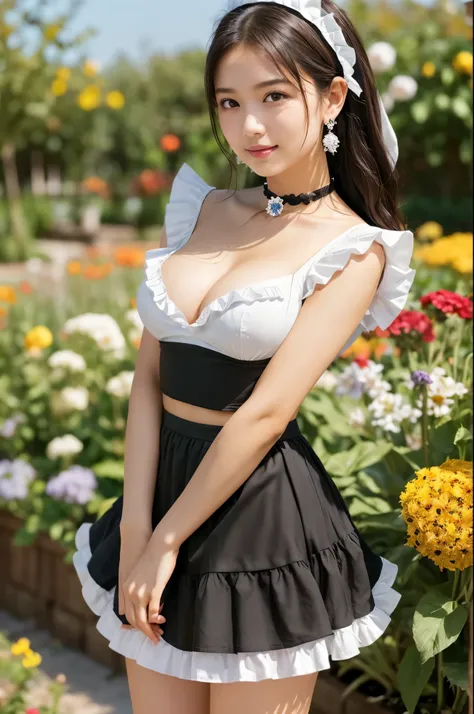 best quality, masterpiece, soft light, ultra high resolution, (photorealistic:1.4), Raw photo, 1 woman, ((beautiful woman)), cute type, ((Cute ocean maid outfit, white maid headdress, black shirt, black skirt, white frill apron, black ruffled choker, earri...