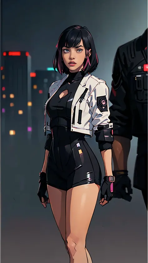 (A woman),(Black Pink Lisa:1.5),(((Special forces women standing:1.5))),((White Tactical High Leg Bodysuit:1.5)),((Black jacket:1.5)),(Black Gloves:1.5),(serious:1.5),(short hair:1.5),(((Black Hair:1.5))),(beautiful eyes:1.3),(Very detailedな顔:1.5),((Very d...