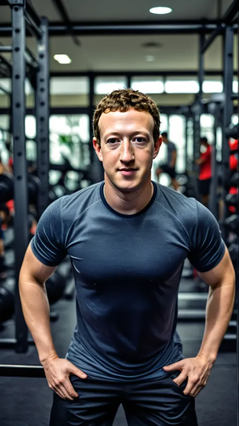 Healthy and Lean Mark Zuckerberg, (HDR: 1.2), wearing a Gym Shirt, Push Ups at the Gym located in Down Town Jakarta, Young People are curious to see him (Hyper Realistic, Cinematic)