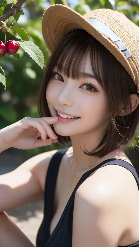 closeup shot , Best picture quality (8K, high resolution, Masterpiece: 1.2), super detailed,  215 Short Hair, 16-year-old woman, 

situation: In the shade of the orchard、A scene of customers tasting freshly picked cherries on the spot。
clothing: Casual sum...