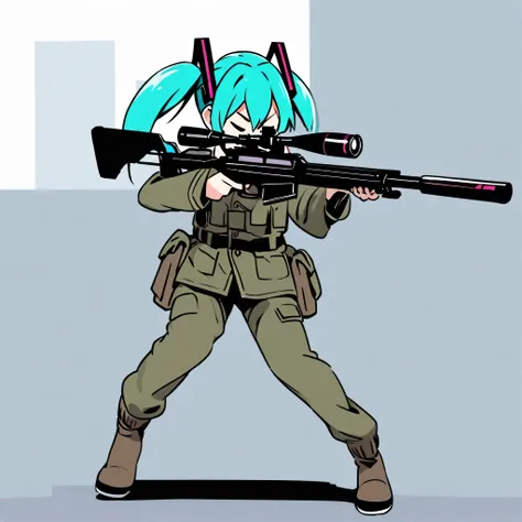 Hatsune miku crouch aiming a sniper, full body, army clothes, alone