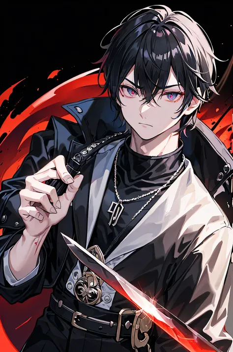  Mafia boss 、Alone、The embodiment of evil、((male、A trained fierce person))、Crimson Eyes、Tattoo on arm、Tattoo on neck、(( black jacket ))、(( zoom up))、(Delicate face)、((Alone、male))、 adult male sex、Stand in front、(((holding a black knife)))、((( black backgro...