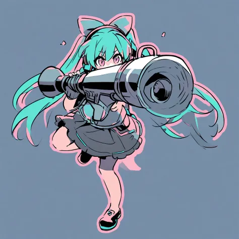 Hatsune miku crouch aiming a bazooka, full body, one-color background