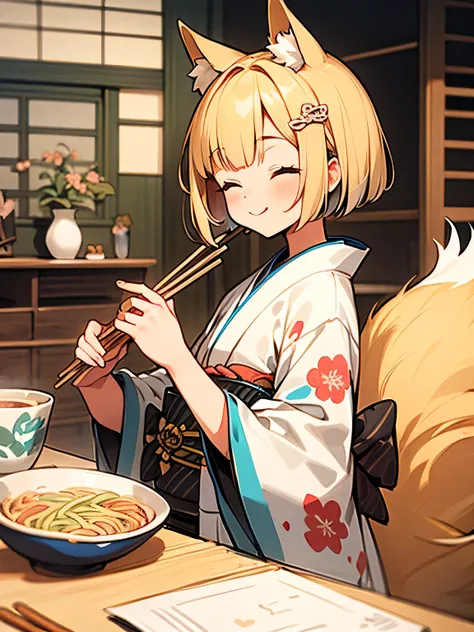 sideview,Alone,upperbody,(looking at viewer:1.3),(calamel blonde color bob),fox ear,smile,closed eyes,(beautiful some seasons flowers sando color rainbow design pattern kimono),japanease old house,indoor,(eat japanease noodle bowl:1.2),japanese chopsticks,...