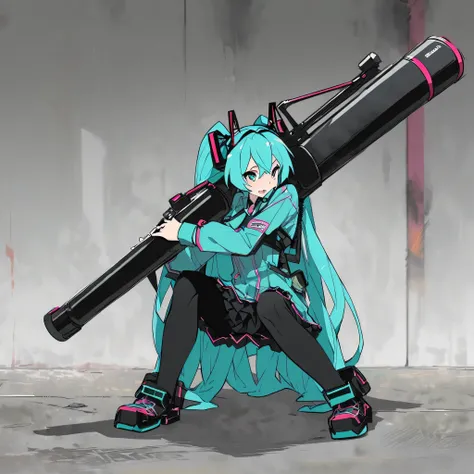 Hatsune miku crouching with a bazooka, full body