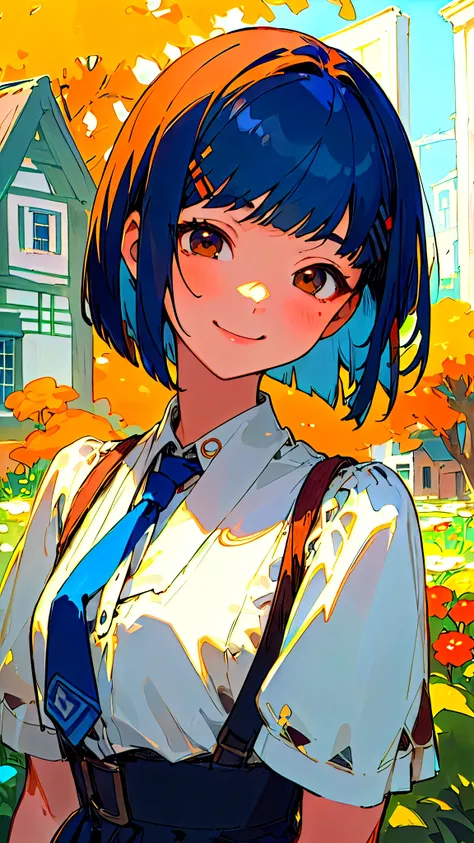 (masterpiece、Best Quality、Super detailed、Illustration)、 dark blue hair 、 bob cut from the front、 jet black brown eyes 、 ties her hair with orange hair clips、smile、 beautiful face、 perfect body、 1 girl、solo、 dress、 strap、village、Old house、Outdoor、Folklore、L...