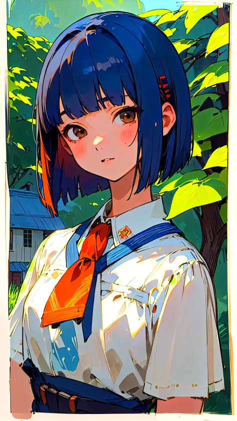 (masterpiece、Best Quality、Super detailed、Illustration)、 dark blue hair 、 bob cut from the front、 jet black brown eyes 、 ties her hair with orange hair clips、 upper body close-up 、、 beautiful face、 perfect body、 1 girl、solo、 dress、 strap、village、Old house、O...