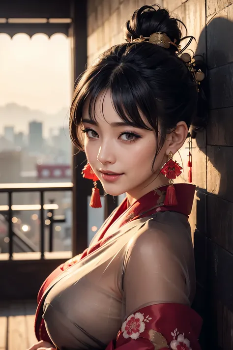 Beauty、curvilinear、 Sensual and Exotic Woman 、Tall、Fluffy black hair、bangs、  curvy 、 long eyelashes 、 Eyes with black details 、官能的なsmile、 Tania Ushileger 、 Kyoto cityscape in the background  、Dramatic sunset、 Magic Hour、smile、 Supreme Masterpiece、 portrait...