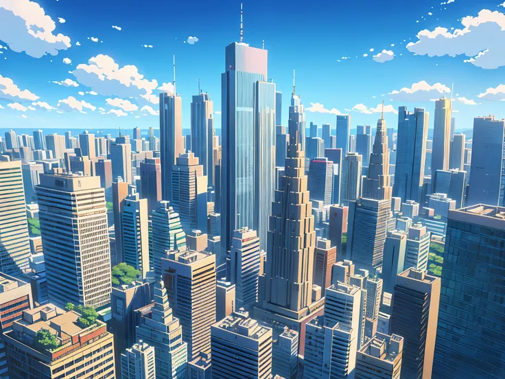 Manga-style distant cityscape
Front-angle view of buildings
Forest of skyscrapers
Clear sunny day
Atmospheric perspective
Detailed building textures
High resolution
No people
No vehicles
Suitable for manga background
Clear weather
Urban landscape
No foregr...