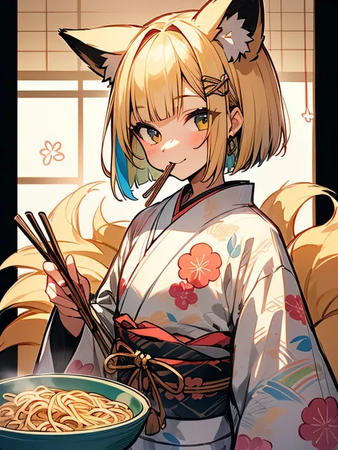 sideview,Alone,upperbody,(looking at viewer:1.3),(calamel blonde color bob),fox ear,smile,(beautiful some seasons flowers sando color rainbow design pattern kimono),japanease old house,indoor,(eat japanease noodle bowl:1.2),japanese chopsticks,tabletop,(I ...