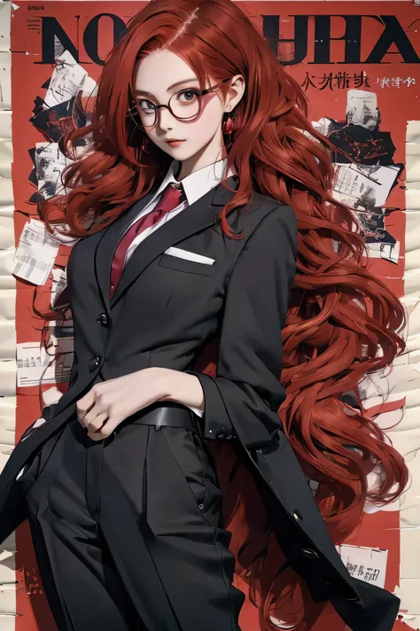 Anime girl with wine red hair, in a formal black suit and tie, black round glasses, black pants, confident expression, 4k, ultra HD, high quality, very detailed, magazine cover, posing like a model