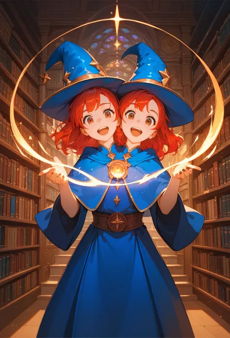 anime, (masterpiece, best quality), best resolution, two heads, 1girl, wizard, red hair, brown eyes, magic sparks in hand, friendly, open mouth, blue wizard robe, private library lobby