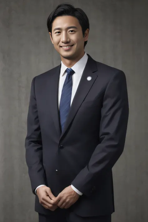 male people，ssmile，politician，frontage，suits，Slightly smile，３０age，３２age，Monochromatic tie，Black hair，Not wearing glasses，twinks､Good youth、