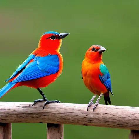 there are two birds that are sitting on a fence together, colorful birds, very beautiful photo, blue or red, blue and red, beautiful and graceful, beautiful nature, red and blue, red bird, very detailed birds, inspiring birds eye vista view, highly realist...