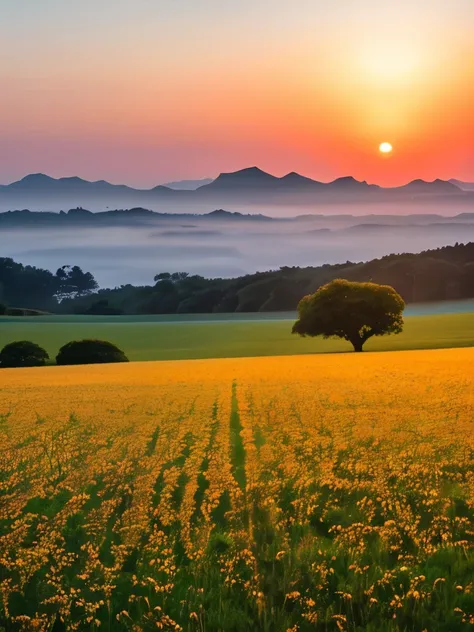 araffes in a field with trees and a sunset in the background, by Zou Zhe, foggy sunset, at sunrise, during sunrise, in a sunset haze, beautiful dusk, beautiful and spectacular dusk, by Shi Rui, early morning sunrise, by Xie Shichen, national geographic pho...