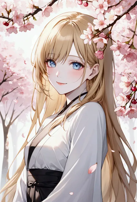 a beautiful woman with long blonde hair, light blue eyes, very white skin, smiling softly, on a background with cherry blossom trees.