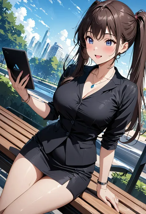 Best Quality、Ultra-precision、Detailed drawing、 vibrant colors、Beautiful girl 、Age 30、 office workers、 sit on a park bench 、blue sky、 black business suit 、 mini skirt、The angle at which the panties are visible、Skin gloss、Beautiful big boobs、Beautiful figure...