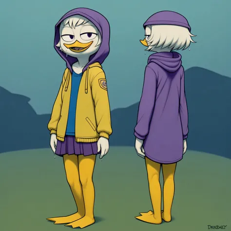 (by Drockdraw:1.2) (by chelodoy:1) (by ashraeli:1) Webby Vanderquack, White skin, White hair, orange legs:1.2, beak, DuckTales, tail shield, short hair, (Yellow Rain Jacket, baggy clothes:1.3) (hood:1.3)  (wet:1.3) to walk, language, (purple skirt:1.3), we...