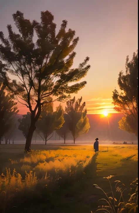 araffes in a field with trees and a sunset in the background, by Zou Zhe, foggy sunset, at sunrise, during sunrise, in a sunset haze, beautiful dusk, beautiful and spectacular dusk, by Shi Rui, early morning sunrise, by Xie Shichen, national geographic pho...