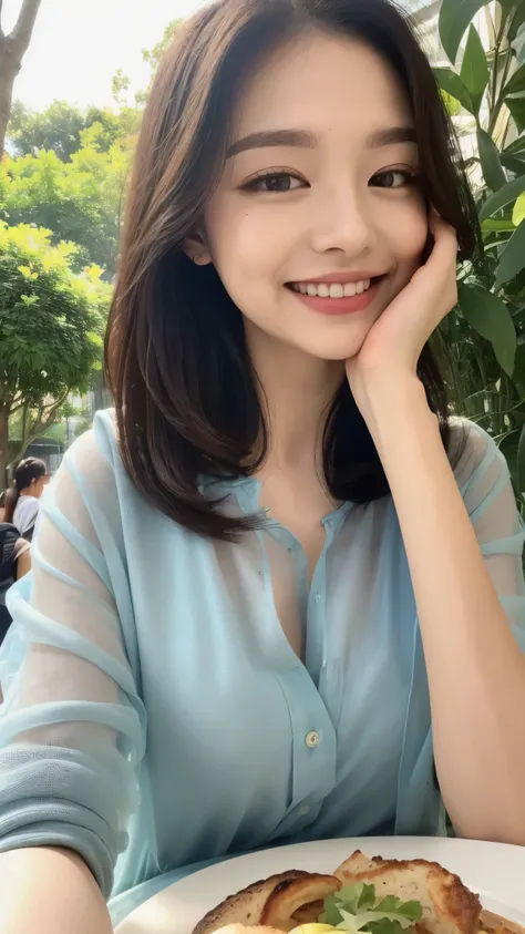 ((Highest quality, 8K, masterpiece: 1.3)), Upper Body (1.3), huge (5), Excellent style, Kind Face, Parallel eyebrows, smile, Natural Makeup, See-through clothes, refresh, City Tree々Enjoying lunch at a cafe while basking in the sunlight filtering through th...