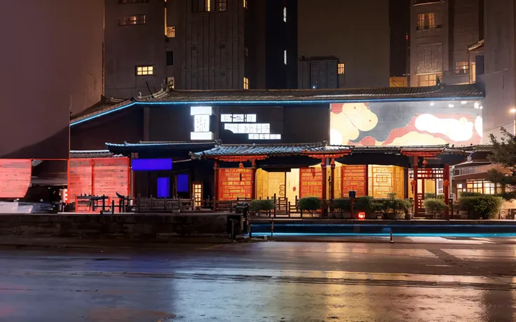 ((New Chinese architecture)), ancient architecture, no people, architecture, East Asian architecture，this is a high-resolution photo of a new Chinese style building located in a bustling city.  creating a sharp contrast with the pitch black night sky.