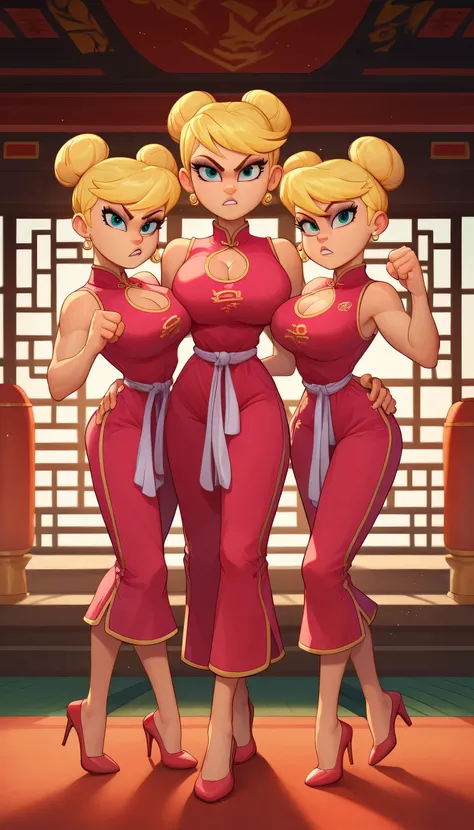 lola loud, 3girl, trio, 24yo girl, large breasts, pink cheongsam,  inside of a chinese temple, looking at viewer, blonde hair, two hair buns , hands  score_9, score_8_up, score_7_up, high heels, teep fighting stance,martial arts, triplets,  chest windows