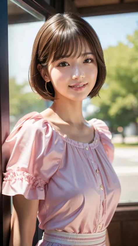 Product quality,  1 girl,  Cowboy Shooting, Front View,  Korean young and cute girl,  Pink Frill Blouse , Mini Handicapped, Elegant,  feminine silhouette , Super cute face,  glossy lips,  double eyelids on both eyes , (  natural makeup), shiny light brown ...