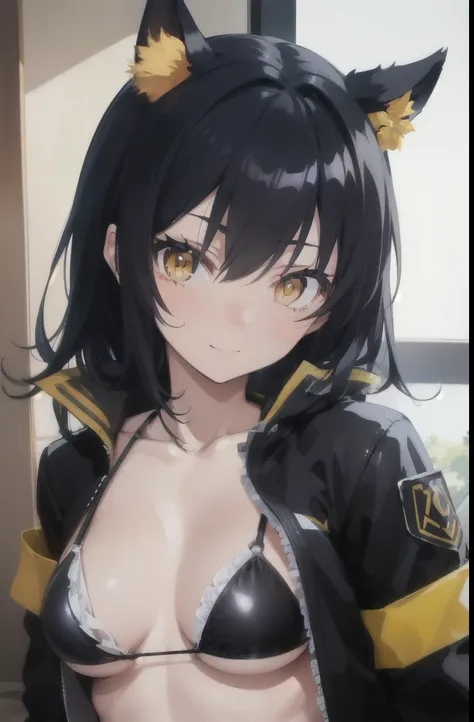 tamaki kotatsu, tamaki, (yellow eyes:1.5), black hair, black bikini , belly exposed, smiling, full body, cute, blushing, open bl...