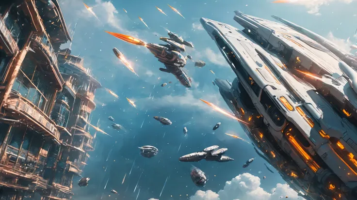 Science Fiction、Future World、Alien spacecraft suspended in the air , light effects left by bullets flying through the air,Bullet light effect,Neon