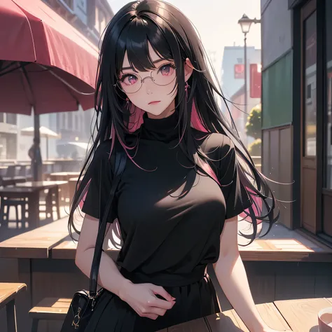 ((masterpiece)), newest, absurdres, safe, (beautiful girl), woman, anime girl, anime, ((long black stright hair with bangs)), (smoth hair), black dark hair, ((black hair under pink smooth color mixed)),  (bautiful detailed hair), pink eyes, her expression ...