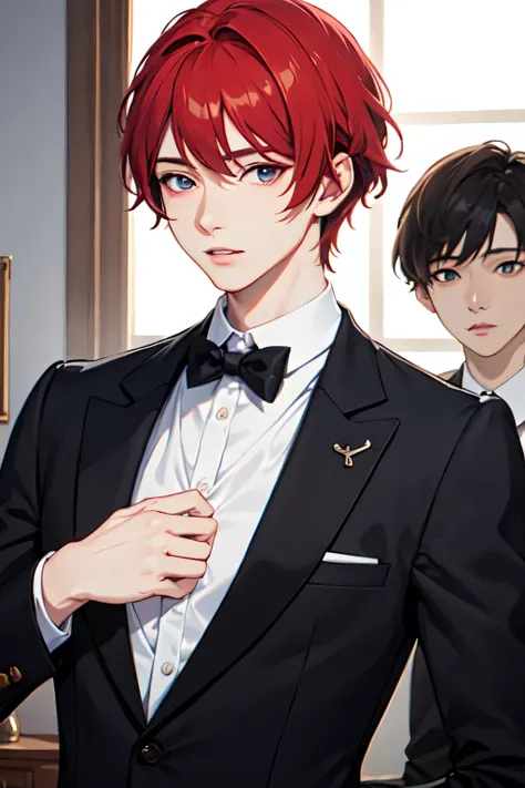 ((Best Quality)), ((masterpiece)), ( Details), Korean,Male idols,Only the upper body is visible ,A man with no mask on ,Red Haired Man ,Man with split black hair wearing a light blue suit 