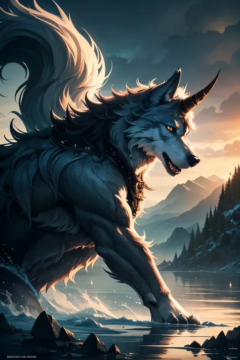 a majestic wolf with a single horn on its forehead, highly detailed, 4k, realistic, lake background, dramatic lighting, fantasy, cinematic, moody atmosphere, dramatic composition, powerful, mystical, surreal