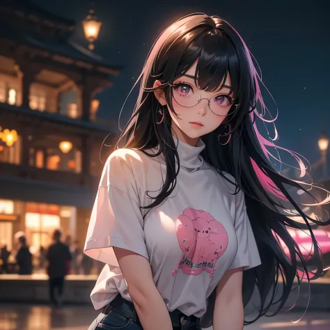 ((masterpiece)), newest, absurdres, safe, (beautiful girl), woman, anime girl, anime, ((long black stright hair with bangs)), (smoth hair), black dark hair, ((black hair under pink smooth color mixed)),  (bautiful detailed hair), pink eyes, her expression ...