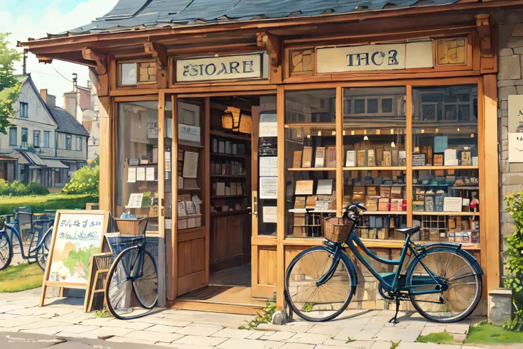 -Architectural marker painting, bicycle, scenery, door, window, traditional media, large shop windows, watercolor (medium), painting (medium), sign, outdoors, shops, many houses side by side from left to right, backdrop