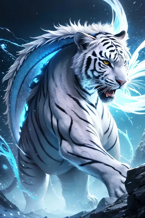 a majestic white tiger, four-tailed blue dragon, highly detailed, hyperrealistic, 8k, best quality, masterpiece, intricate details, photorealistic, cinematic lighting, dramatic composition, striking colors, awe-inspiring, mystical, epic fantasy scene