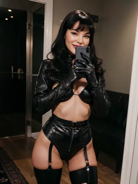 Bettie Page smiling softly taking a selfie in a mirror with a cell phone, leather gloves, black leather gloves, black leather gloves, black gloves!! and boots, leather fur jacket, black gloves, gloves on hands, black fur, wearing gloves, real fur and real ...