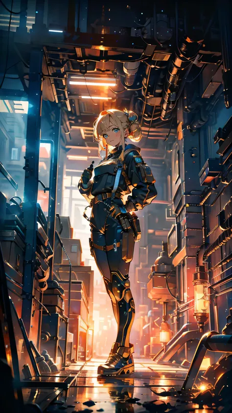 A highly skilled engineer responsible for maintaining the infrastructure of the deep-sea city. Serena has medium-length blonde hair tied back in a practical bun. She is wearing a high-tech maintenance suit with metallic textures and tool belts. Her hands h...