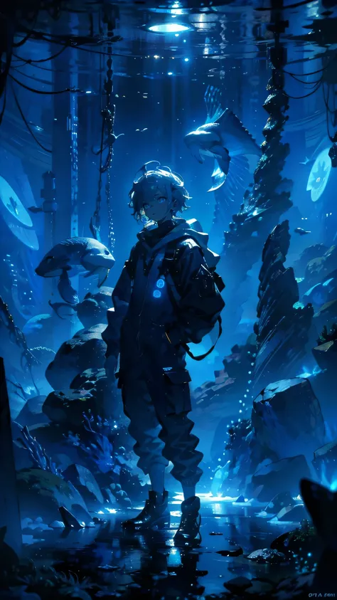 A marine biologist obsessed with understanding the strange creatures of the deep. Elliot has short, messy hair, pale skin, and a constant look of curiosity and skepticism on his face. He wears a dark, practical jumpsuit with glowing patches for underwater ...