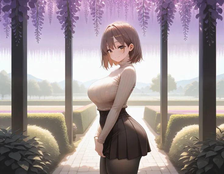 1girl, solo, large breasts, brown hair, brown eyes, outdoors, ribbed_sweater, skirt, pantyhose, wisteria, garden, wide shot, dep...