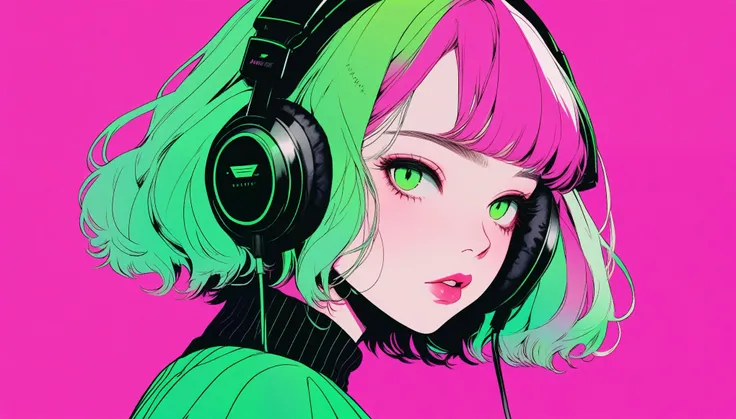 (best quality, sketch:1.2),realistic,illustrator,anime,1 girl, detailed lips,sweater,custom,green gradient background,neon hair,textured cropping,Canadian, masterpiece, style retro classic, noir dark, wearing headphone, gum bubble,