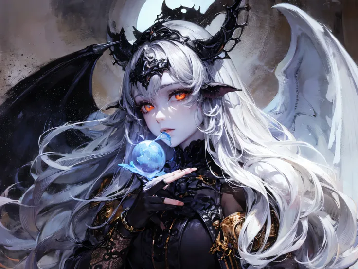 (best lighting) (best quality, masterpiece:1.2), (absurdres), 4k, (detailed eyes), (detailed face), ethereal , demonic woman with ((pale blue skin)) and ((glowing orange eyes)) wearing medieval armour and bodysuit. She has long white hair and is standing i...