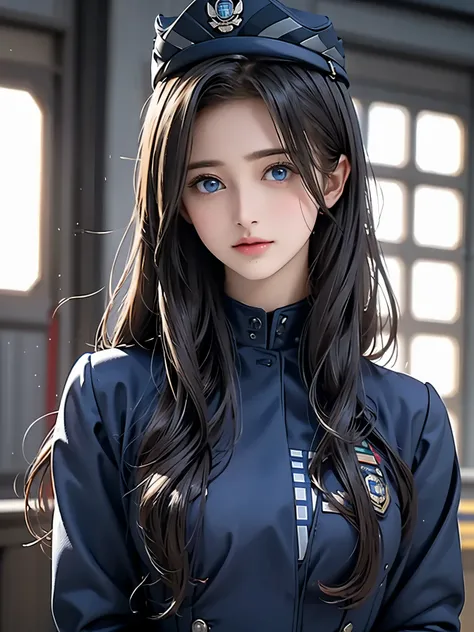  portrait , Realistic,  Elegant Women ,  blue eyes,  shiny dark hair 、( cosplay、Police Officer、Police hat、In front of the police box、Navy blue uniform)、4K resolution、 High Quality CG、Beautiful CG、Soft light