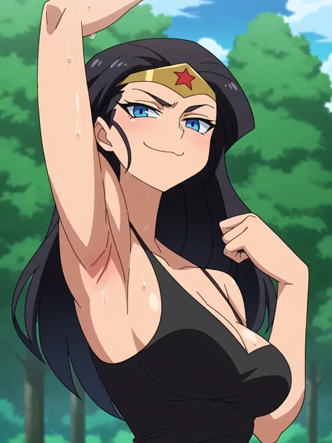 score_9, score_8_up, score_7_up, source_anime, anime screencap, 1girl, solo, diana prince, blue eyes, black hair, black tank top, blue eyes, arm up, raised arm, armpit, armpit focus, from side, looking at viewer, head towards viewer, smile, smug, closed mo...