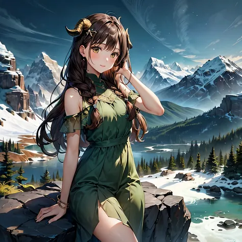 "A girl inspired by the Capricorn zodiac sign, designed as a personification of the mountain goat. She has long brown hair styled into a loose, elegant braid, and wears a simple dress in earthy tones of brown and green, reminiscent of mountain landscapes. ...