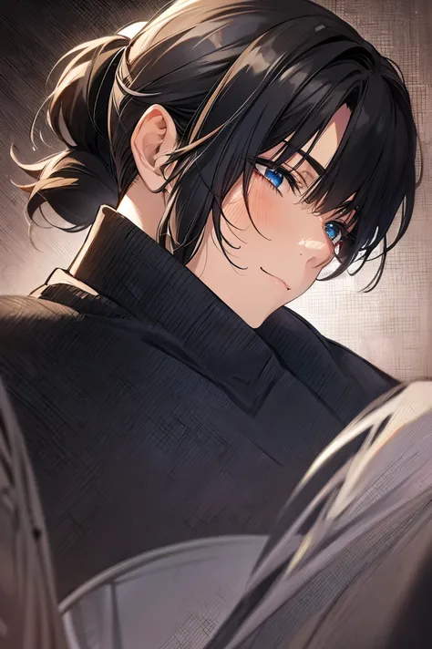 Beautiful, One, 1 Male,  medium hair ,  black hair in a small ponytail, anime art,  pretty face ,  high detail , 8 k,  detailed arms ,  correct anatomy , 