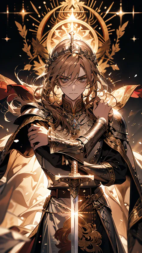 “A young, noble knight in medieval European armor, with a strong and determined gaze. He wears a silver breastplate engraved with a sun emblem, symbolizing his loyalty to the Luminis Church. His brown hair is slightly disheveled, and his face shows both re...