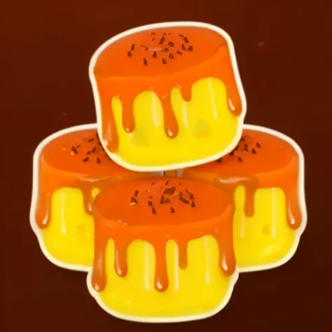 three orange desserts with chocolate and sprinkles on them, 🥥 🍕 hybrid, spongy, ❤🔥🍄🌪, jellymeat, melting cheese, caramel, melted cheese, (cheese), melty, drippy, melted cheddar, sticky, avatar image, jelly, sticker design, 🔞🤡, made of lava, melting, edible...