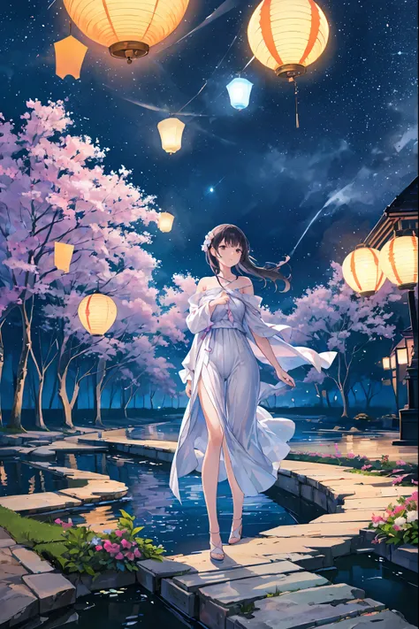 1. Place a river lamp by the river ， Many sky lanterns are illuminated by water, Floating Light, Cinematic Light and Reflections, Shining Light! Intermediate Metaverse Elements， Digital Painting, Shining Reflection, Think . Works by Makoto Xin Haicheng, Fl...