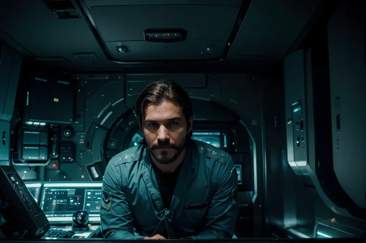 (Masterpiece photorealistic 8k) A space captain, he is muscular with dark hair and a Handlebar mustache, he wears a teal and grey uniform with a gold badge and a light blue silk tie, he has grey-blue eyes and is a very handsome 25 year old male, he is on t...