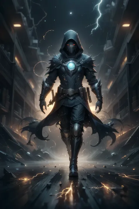 full body shot portrait,solo,(full body:0.6),looking up,detailed background,detailed face,warp,scifi,excessive energy,ulblackholetech theme:1.1),dark shadow-assassin,hidden truth,corruptor,ral-elctryzt outfit,ral-elctryzt hood,dark brown ral-elctryzt armou...